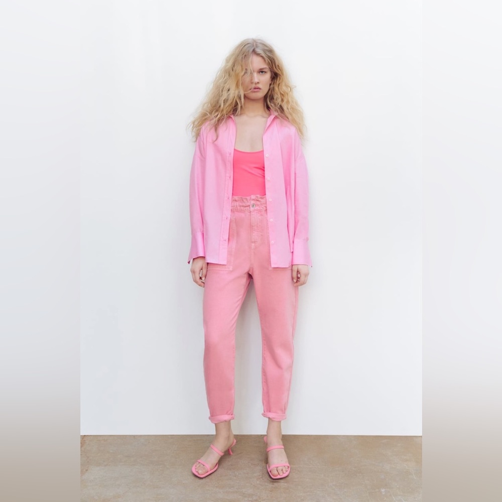 Zara baggy paper bag jeans in pink